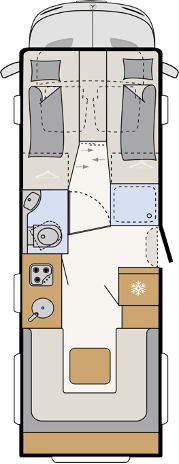 Floor plan of Dethleffs Graneo A 6823 motorhome showing alcove bed, rear lounge, kitchen and washroom layout.