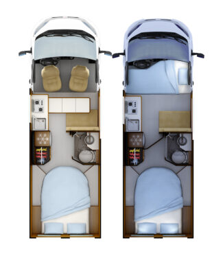 Floor plan of the Rapido V64 camper van showing cab seats, kitchen, bathroom and rear island bed layout.