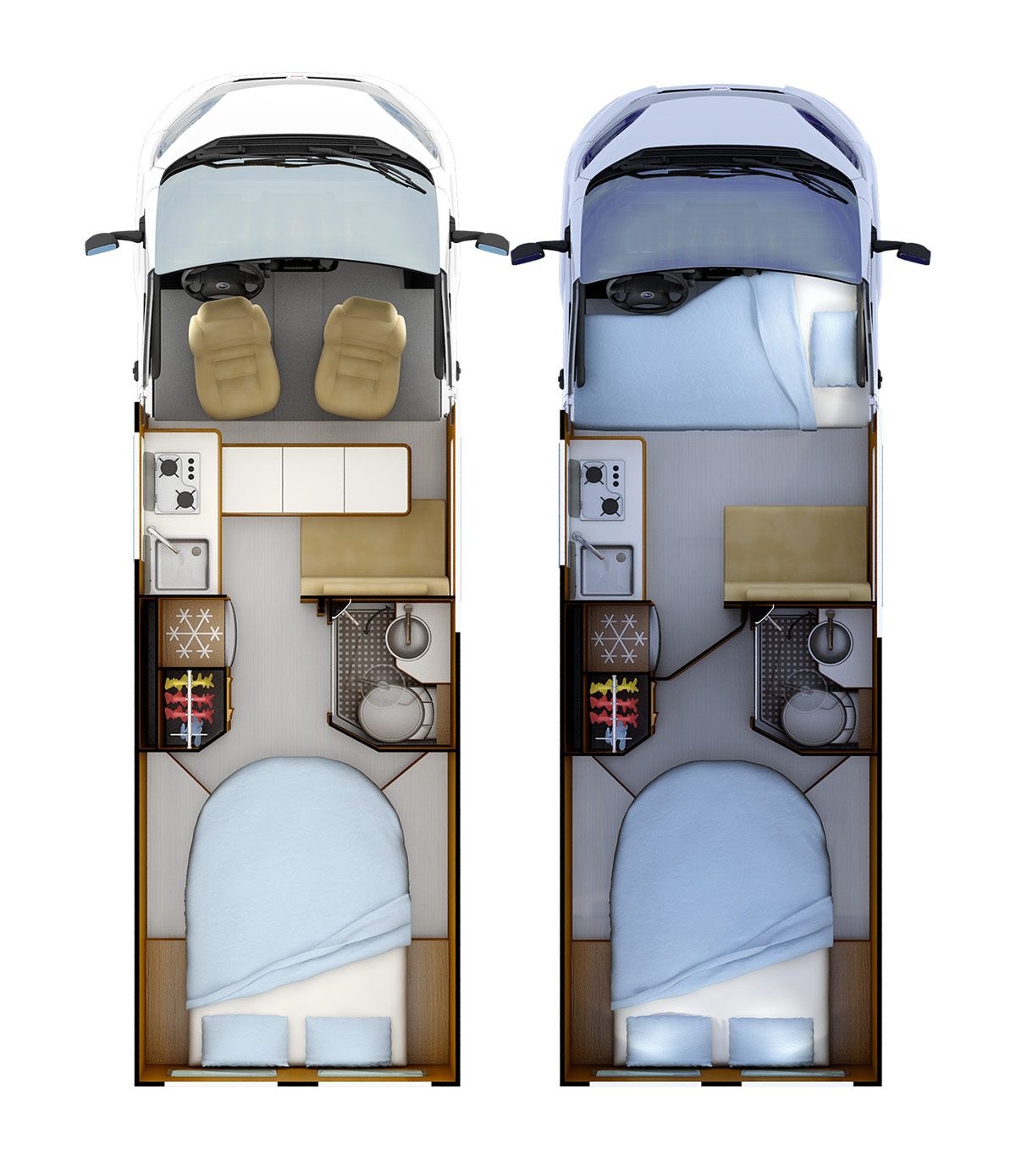 Floor plan of the Rapido V64 camper van showing cab seats, kitchen, bathroom and rear island bed layout.