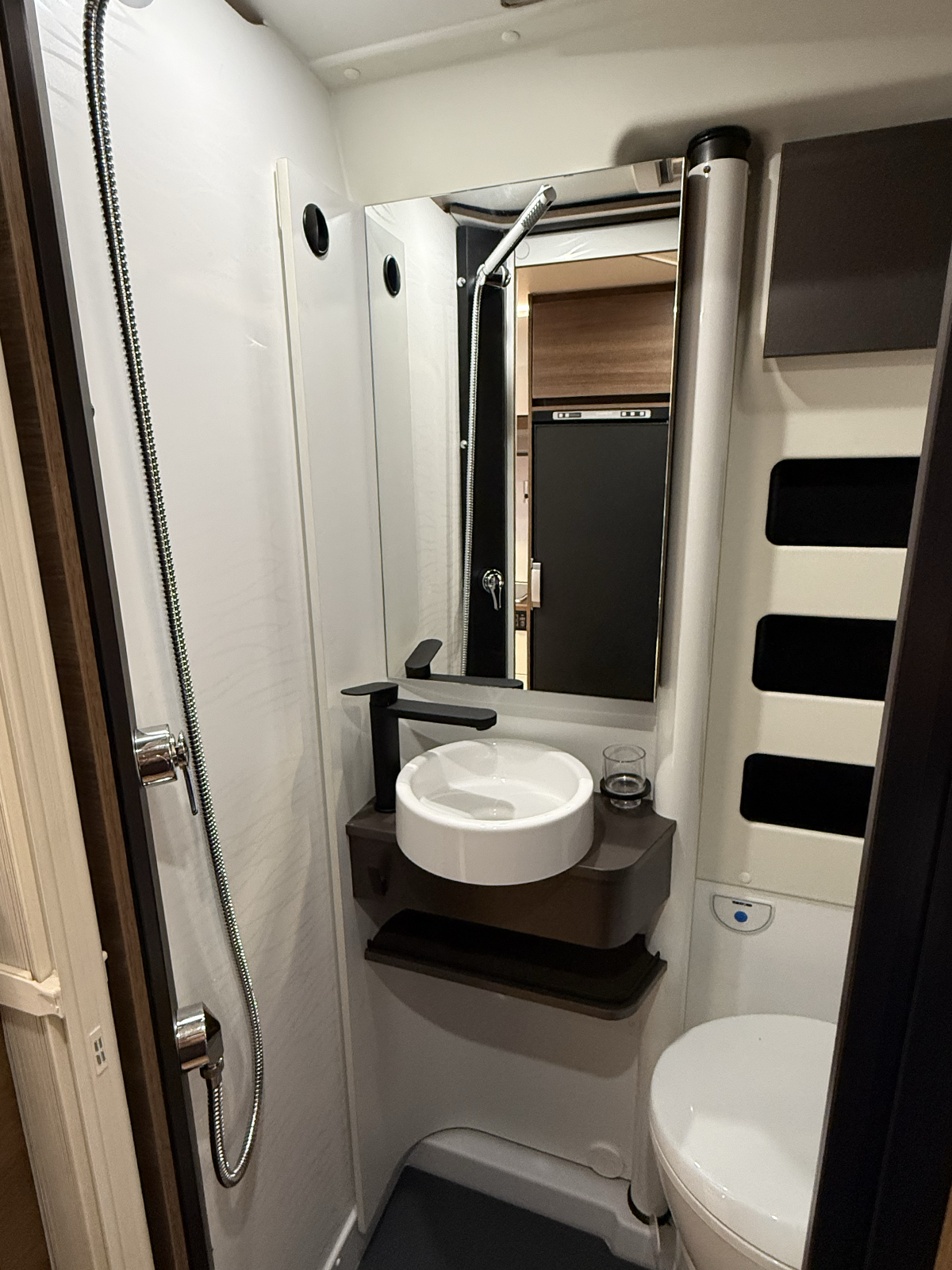 Compact bathroom in the Rapido V64 camper van with round sink, shower head and toilet in a cassette layout.