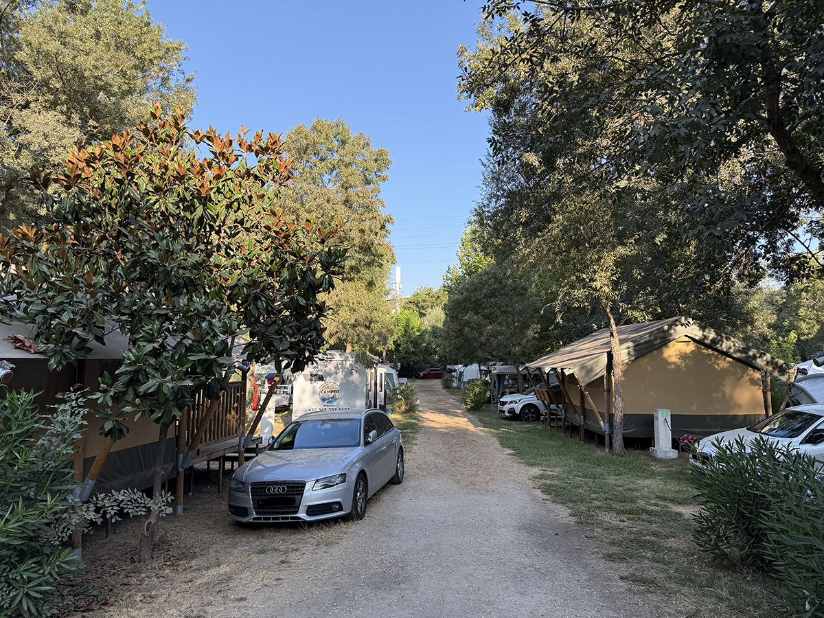 Gravel path lined with tents and cars at Camping Parc Bellevue Cannes, shaded by trees on the Côte d'Azur