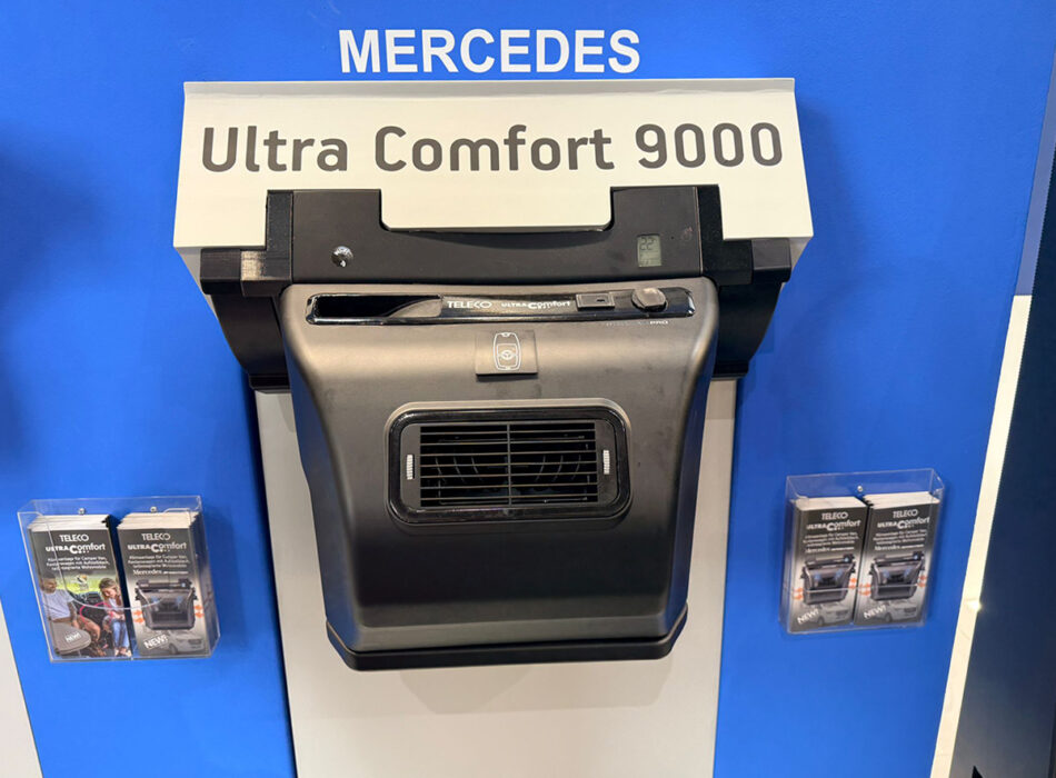 Teleco Ultra Comfort 9000M air conditioner unit on display at Mercedes exhibition stand with product leaflets