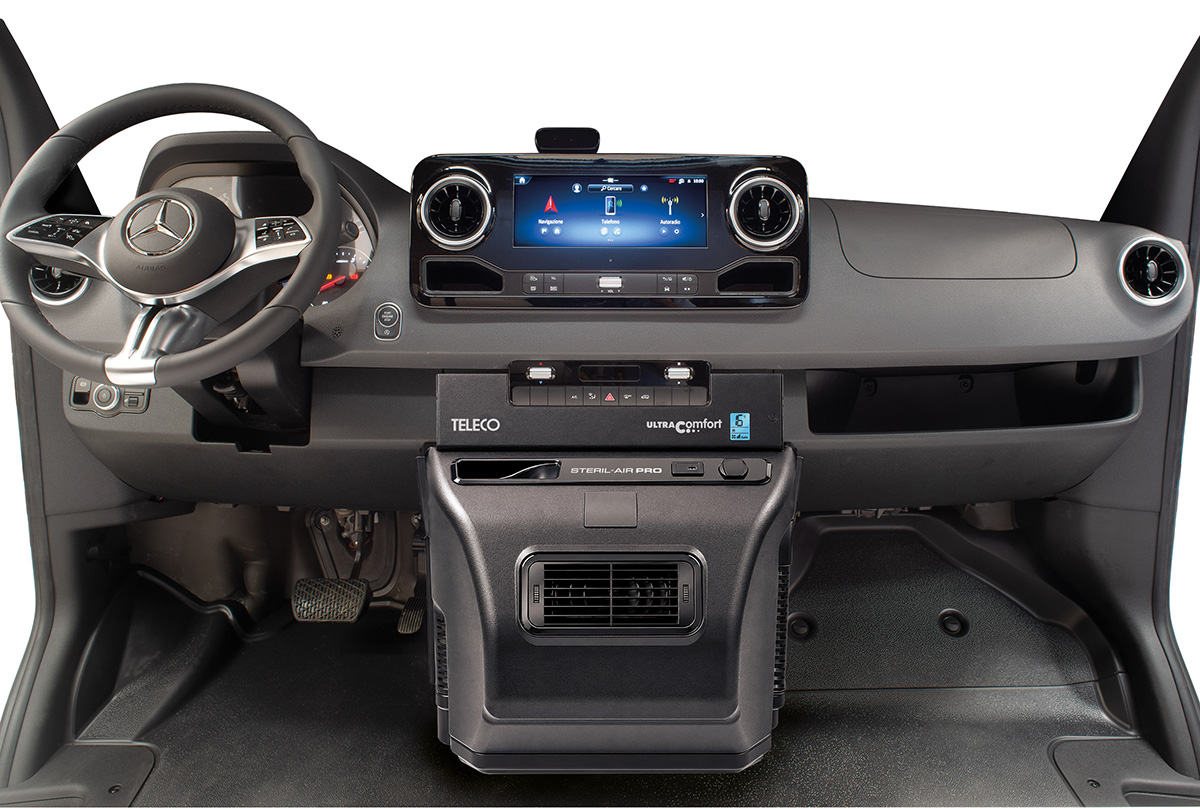 Teleco Ultra Comfort 9000M Steril-Air Pro unit mounted under Mercedes dashboard with digital display