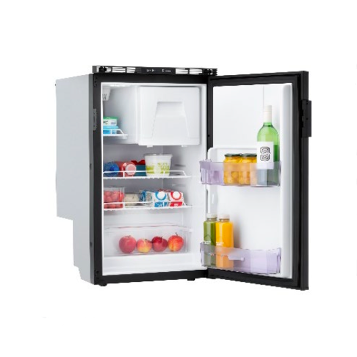 Thetford 12V compressor fridge with open door showing shelves stocked with fruit, drinks, and dairy products