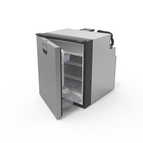 Thetford 12V compressor fridge TR1065 with open door showing wire shelves and door bins