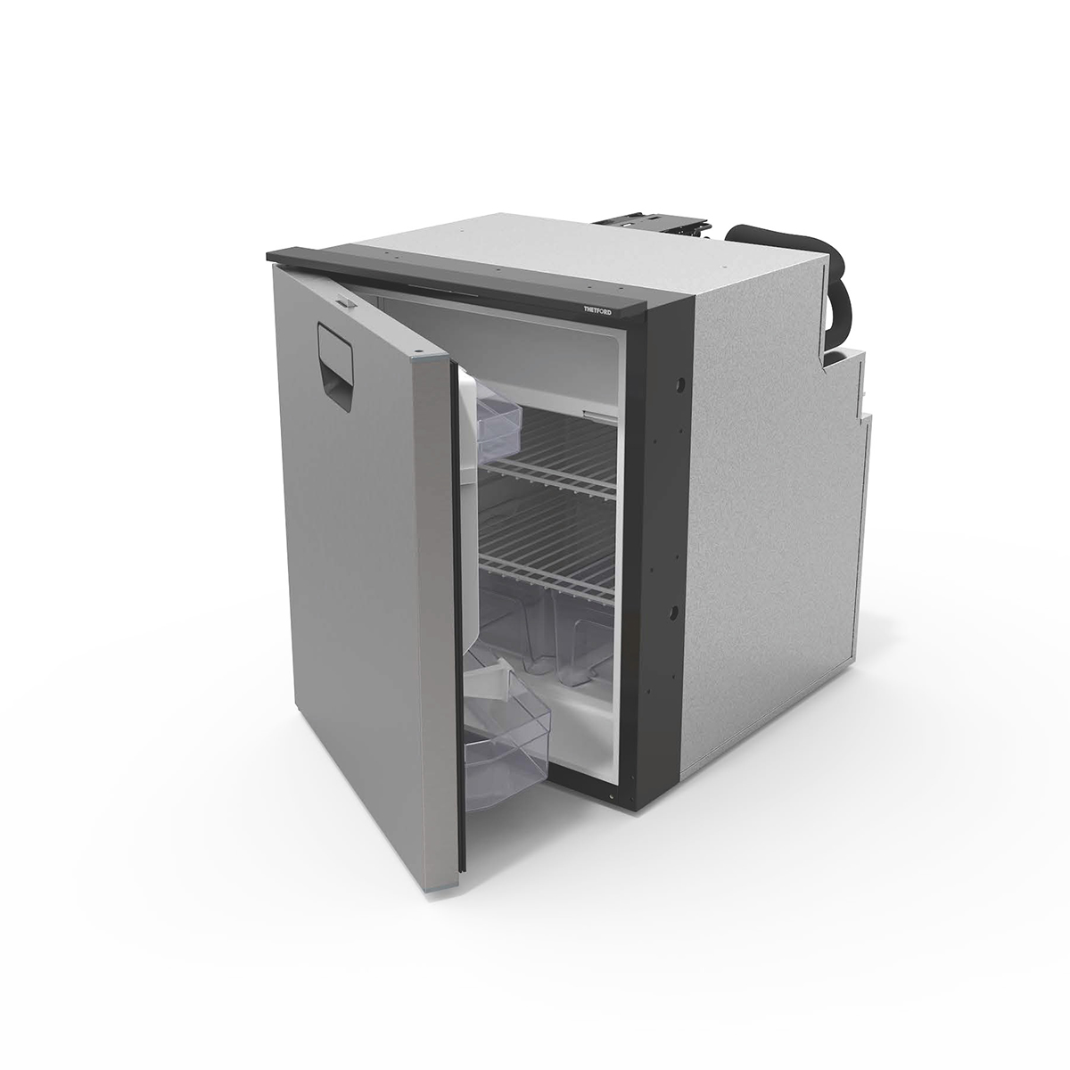 Thetford 12V compressor fridge TR1065 with open door showing wire shelves and door bins