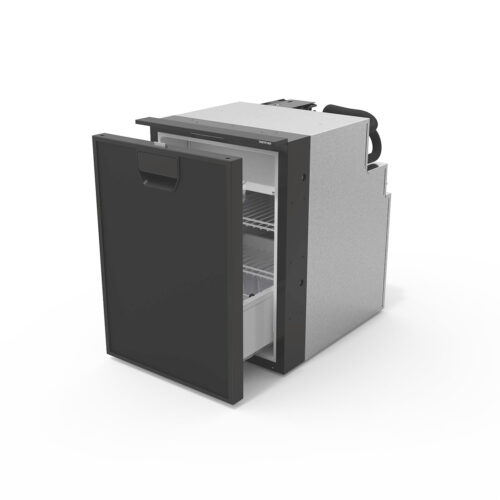 Thetford 12V compressor fridge drawer unit shown open, revealing wire shelf and storage bin inside black interior.