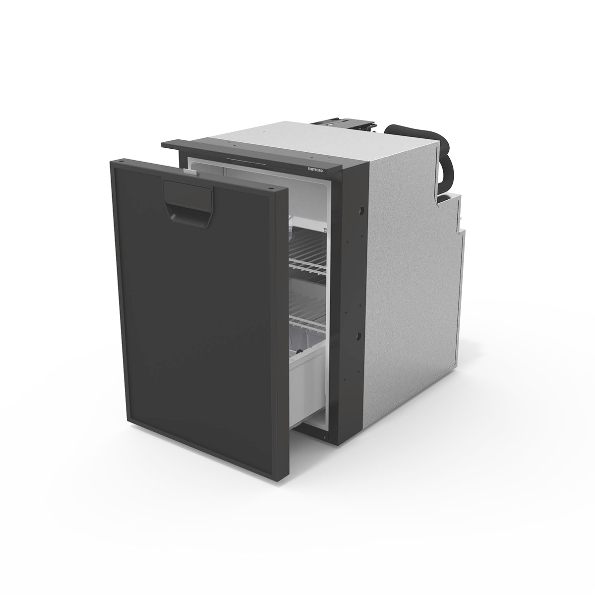 Thetford 12V compressor fridge drawer unit shown open, revealing wire shelf and storage bin inside black interior.