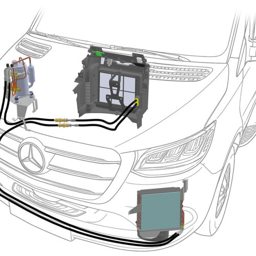 Teleco Ultra Comfort 9000M installation schematic showing compressor, evaporator and condenser layout on Mercedes van front end