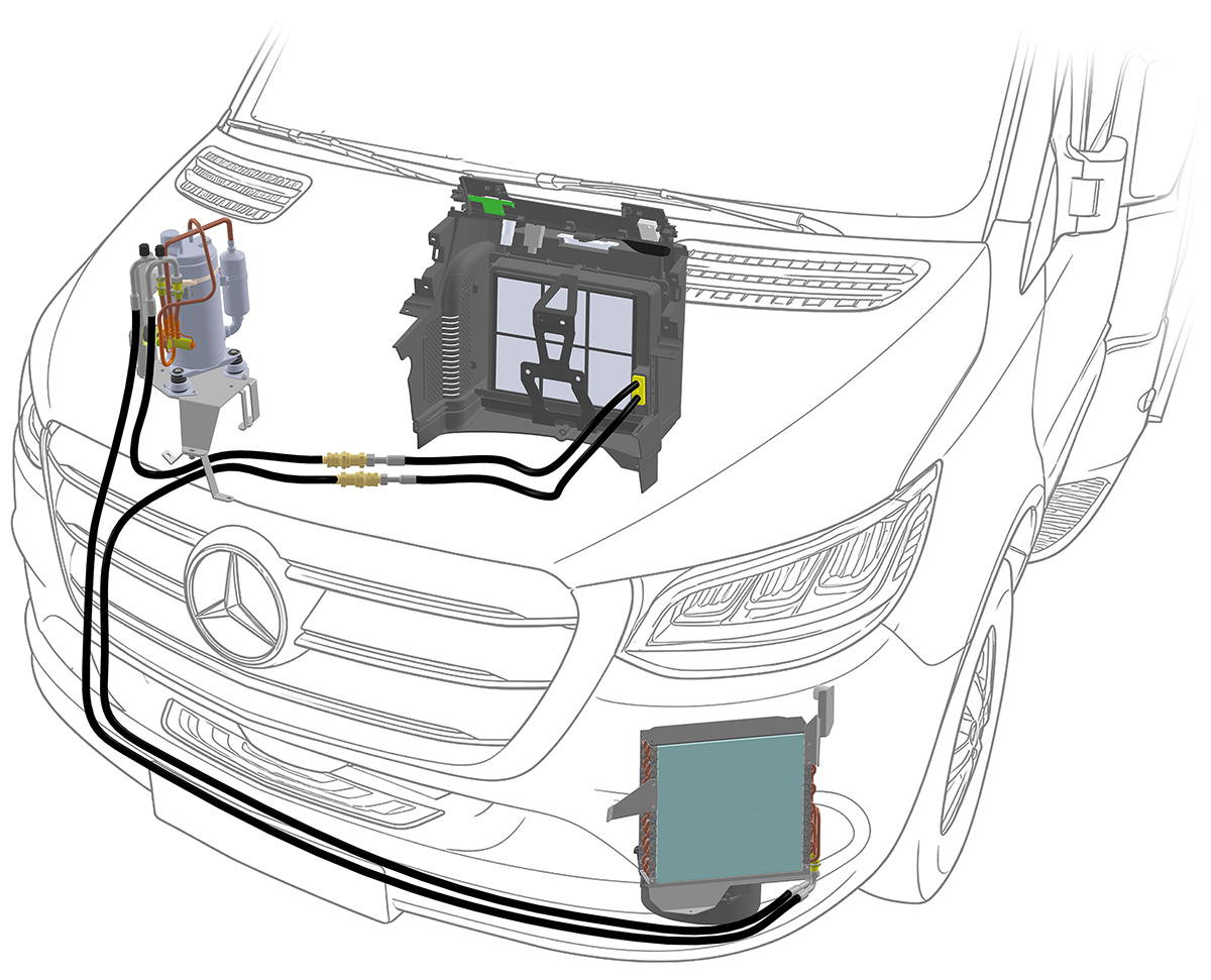 Teleco Ultra Comfort 9000M installation schematic showing compressor, evaporator and condenser layout on Mercedes van front end