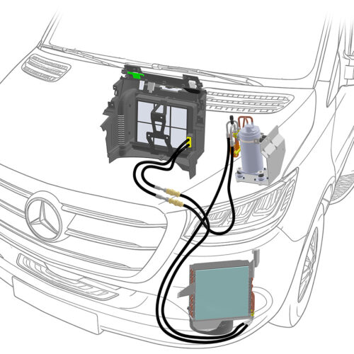Teleco Ultra Comfort 9000M air conditioner installation diagram on Mercedes van, showing evaporator, compressor and condenser units.