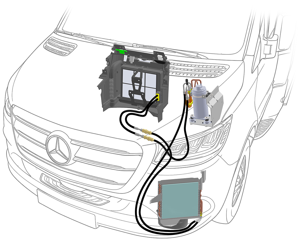 Teleco Ultra Comfort 9000M air conditioner installation diagram on Mercedes van, showing evaporator, compressor and condenser units.