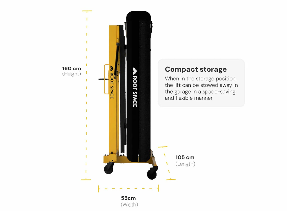 Roof Space rooftop tent hoist in storage position showing dimensions: 160cm height, 105cm length, 55cm width