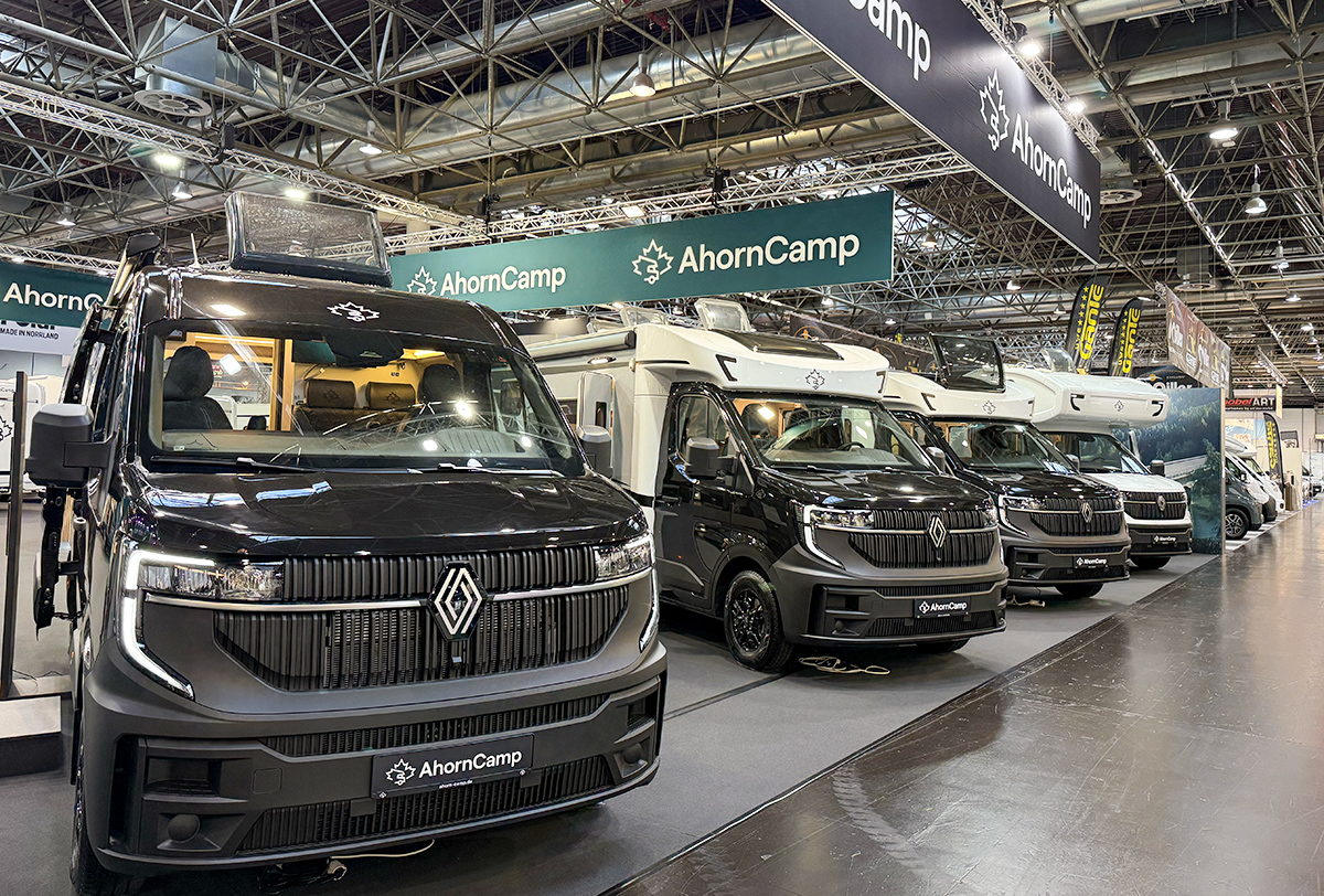 Ahorn Camp Eclipse Edition motorhomes in black and white finishes on display at Caravan Salon exhibition stand
