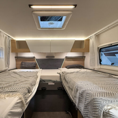 Ahorn Camp Eclipse TE 740 caravan interior showing single beds, inspired by the solar eclipse theme