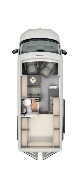 Floor plan layout of the Carado CV595 X-Edition campervan showing cab seats, kitchen, washroom and rear lounge/bed area.
