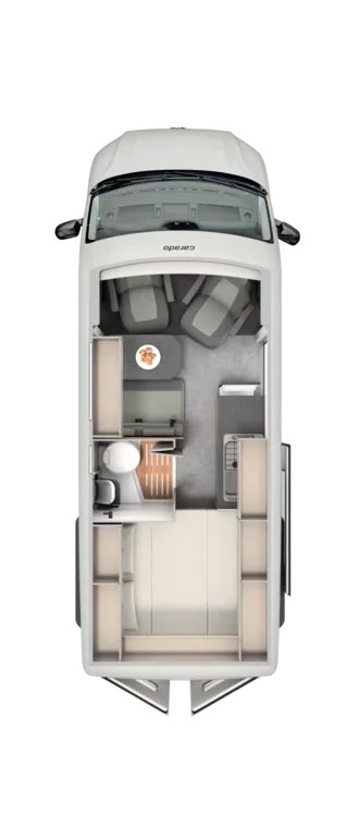 Floor plan layout of the Carado CV595 X-Edition campervan showing cab seats, kitchen, washroom and rear lounge/bed area.