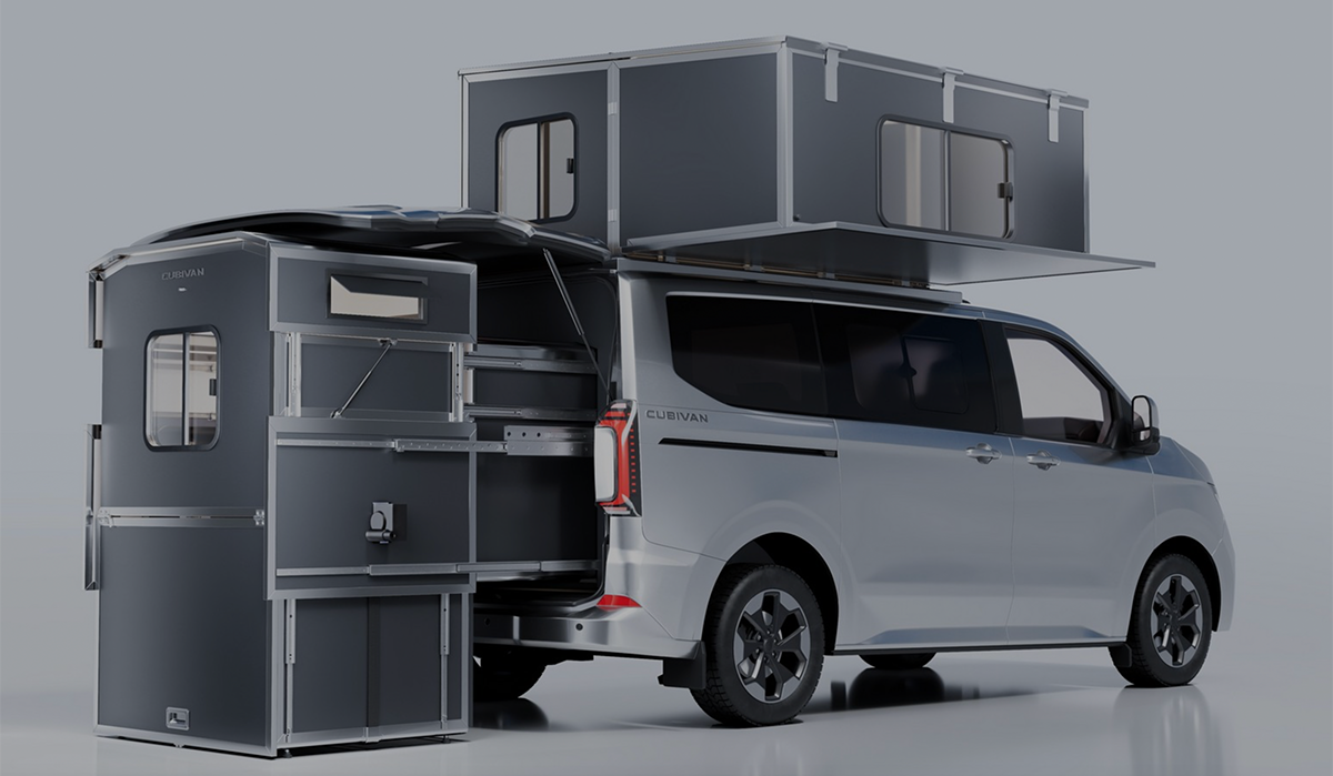 Cubivan camper van with pop-up rooftop module and rear cabinet storage system extended for display