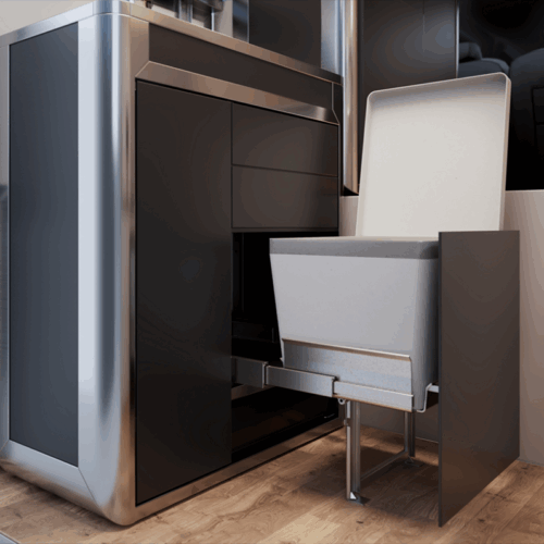 Cubivan camper van interior showing pull-out toilet unit with fold-down seat beside sleek cabinet storage