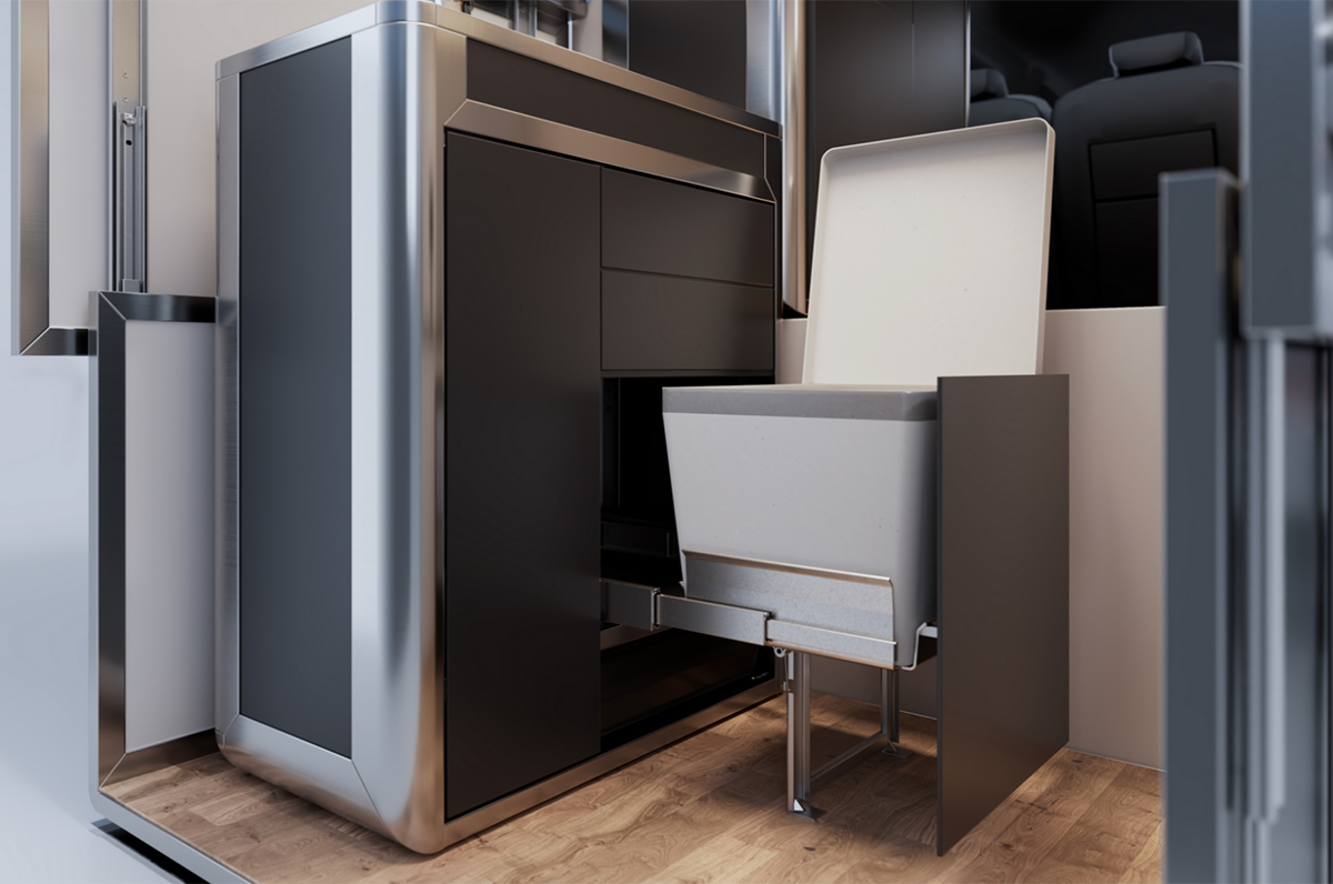 Cubivan camper van interior showing pull-out toilet unit with fold-down seat beside sleek cabinet storage