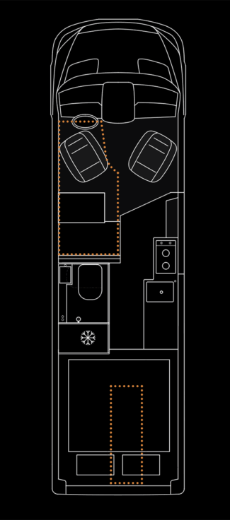 Dovra RIG X-710 campervan floor plan showing swivel cab seats, kitchenette, bathroom, fridge and rear bed layout.