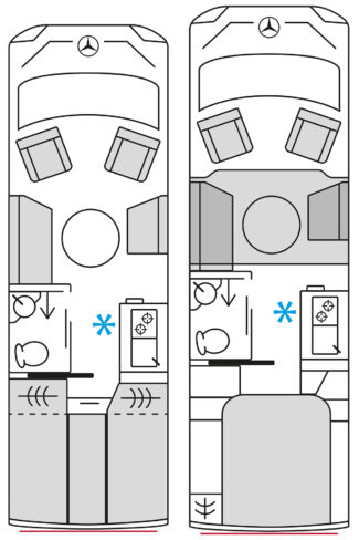 Floor plans of the Bürstner Signature Mercedes motorhome layout options