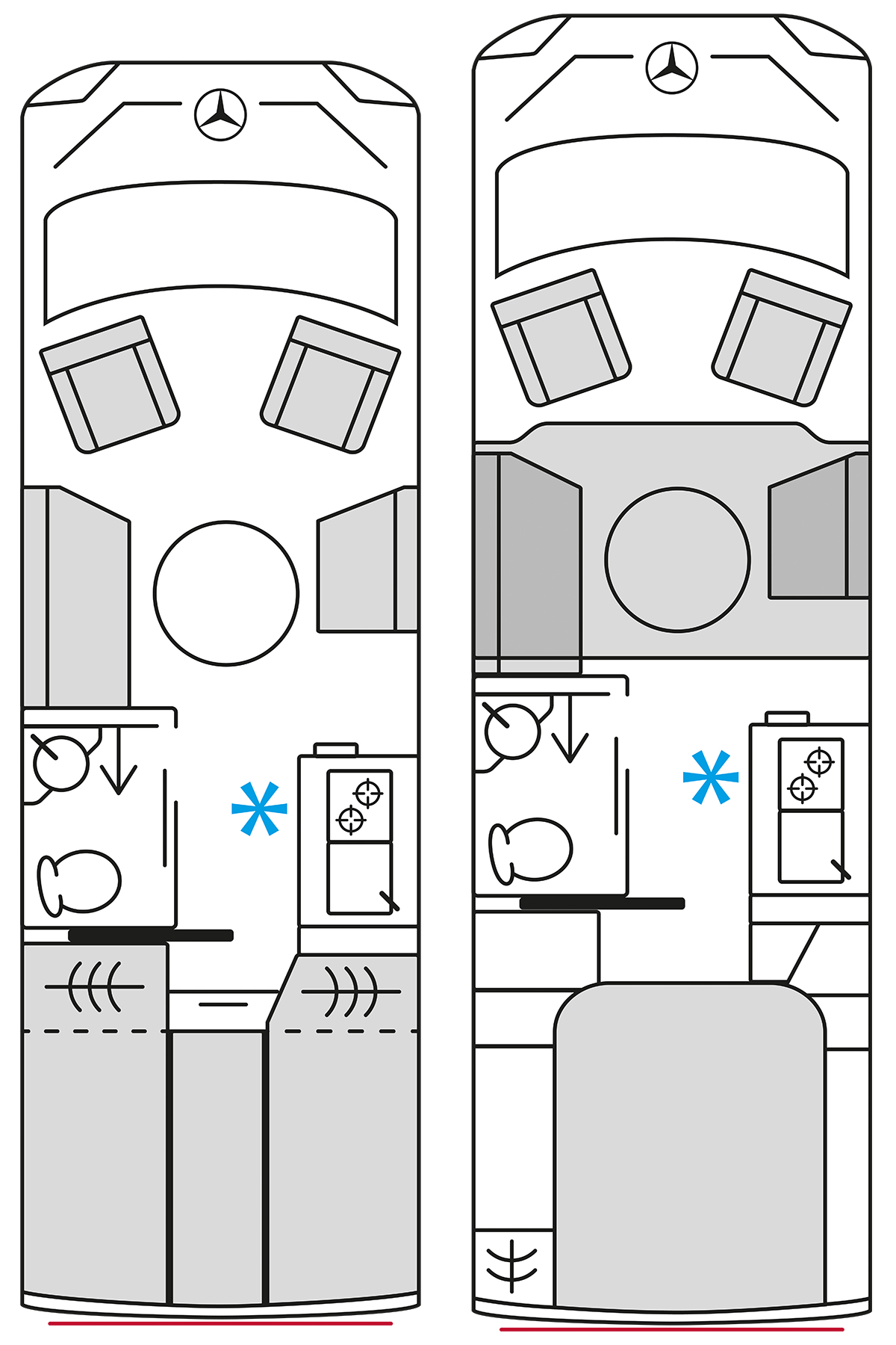 Floor plans of the Bürstner Signature Mercedes motorhome layout options
