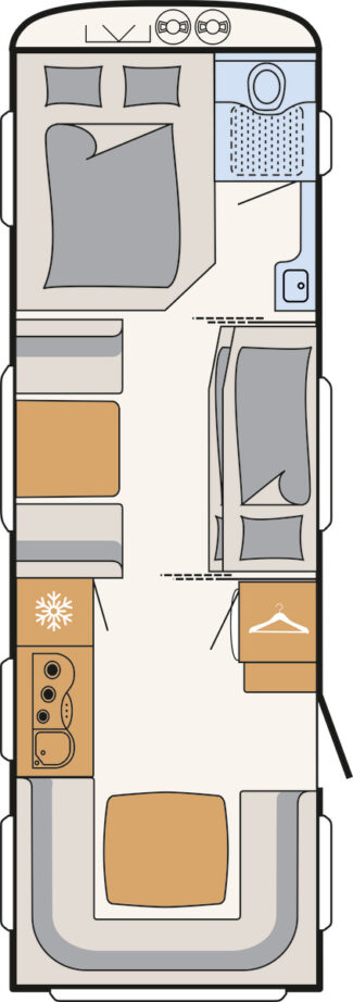 Floorplan of Dethleffs Summer Edition 730 FKR showing fixed bed, washroom, lounge seating, kitchen and rear bathroom layout.