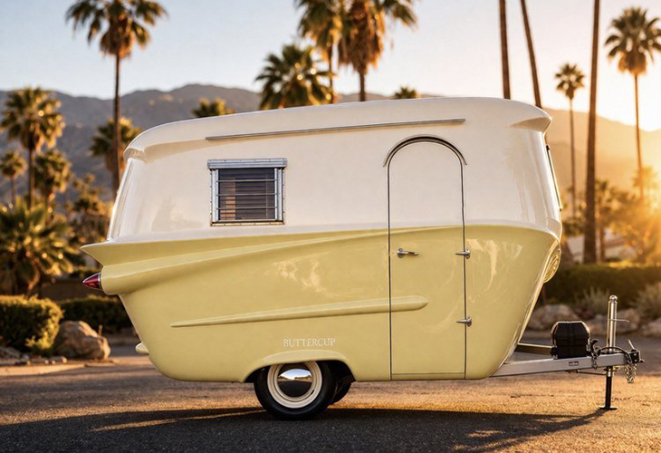 Yellow and white vintage caravan "Buttercup" with retro tailfin design, parked under palm trees at sunset