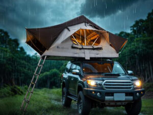 Rooftop tent on SUV in rain, illuminated interior—camping gear setup similar to Lidl camping deals equipment