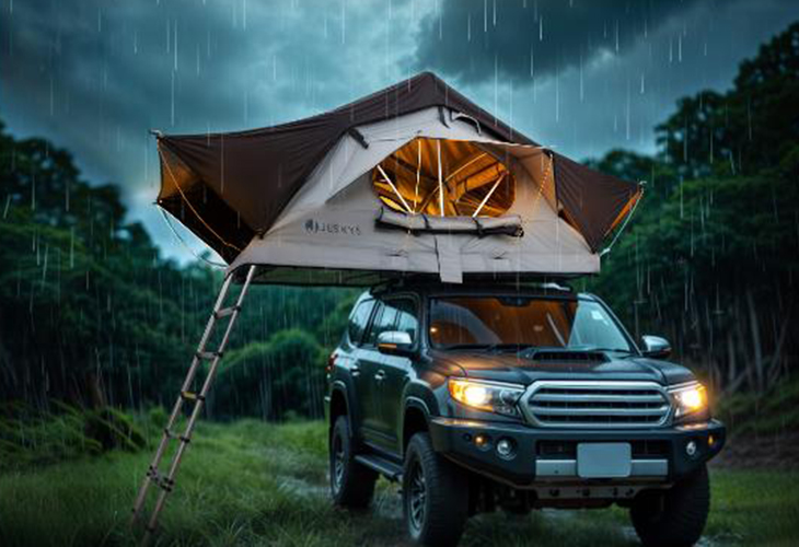 Rooftop tent on SUV in rain, illuminated interior—camping gear setup similar to Lidl camping deals equipment