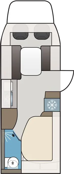 Floor plan of Kabe Novum Compact 720 LXL caravan showing front cab seats, central bed, kitchen, fridge and rear washroom layout.