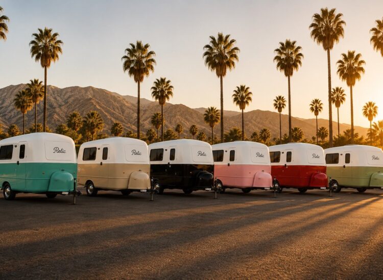 Row of six colourful Relic vintage caravans parked in a line against a desert backdrop with palm trees at sunset.