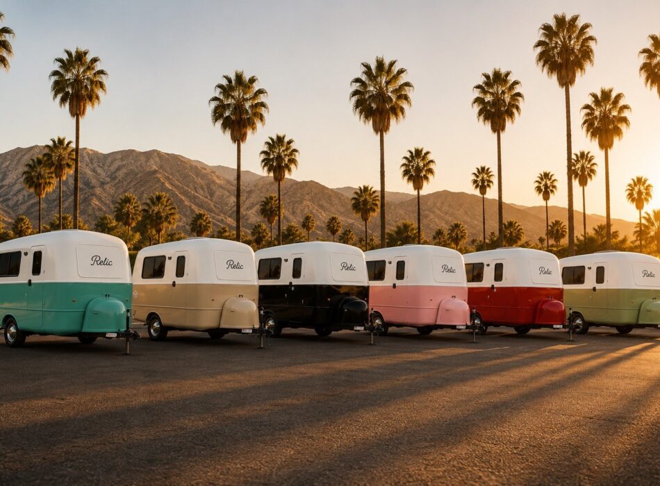 Row of six colourful Relic vintage caravans parked in a line against a desert backdrop with palm trees at sunset.